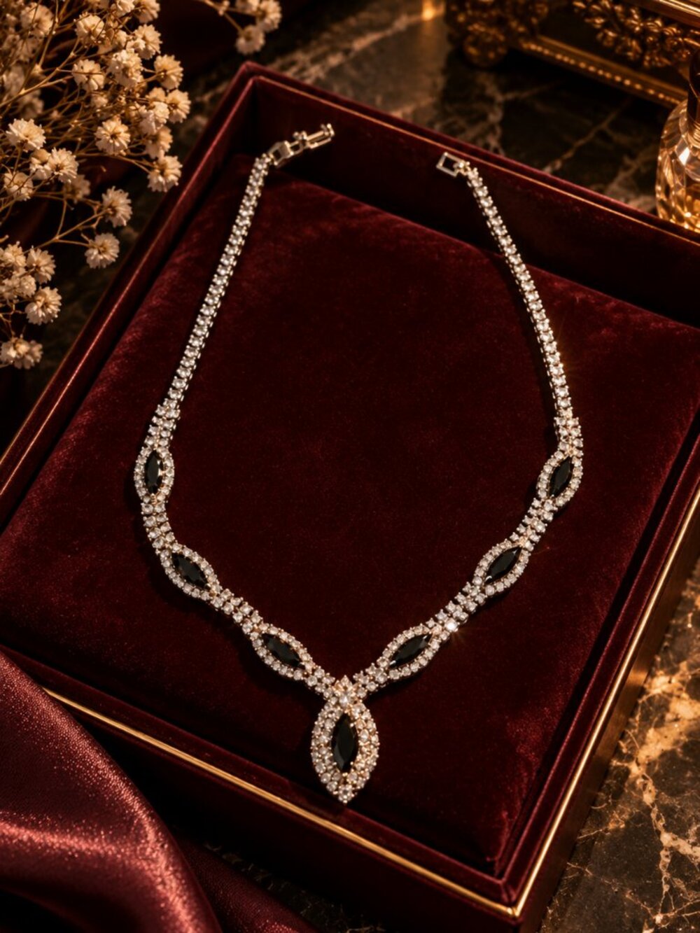 Vintage Rhinestone Black Stone Statement Necklace Silver Tone